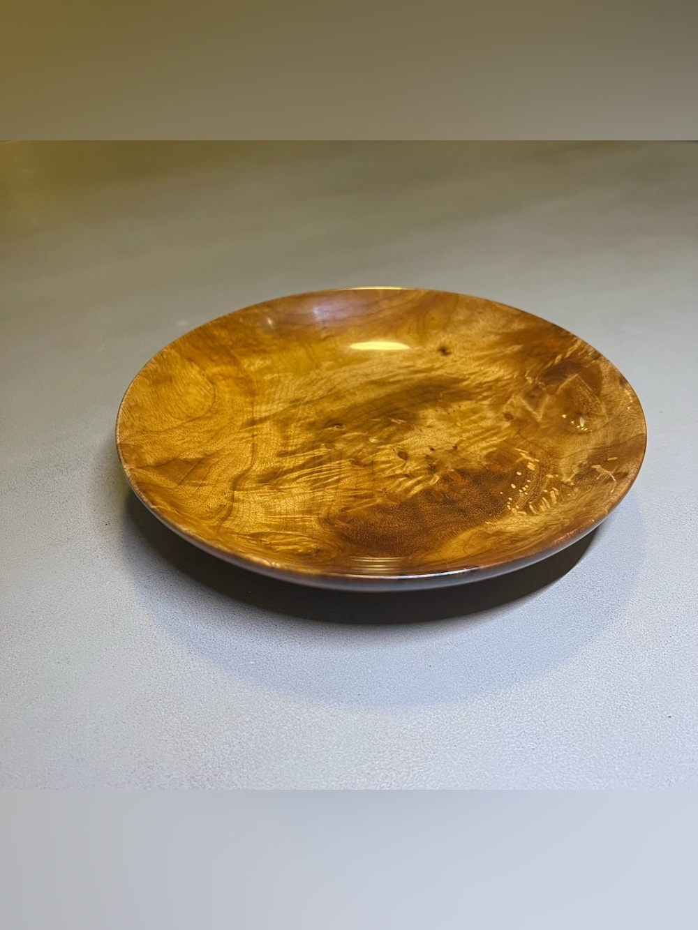 Hand Crafted Turned Burl Wood Shallow Bowl Plate, Highly Figured Birdseye Tray